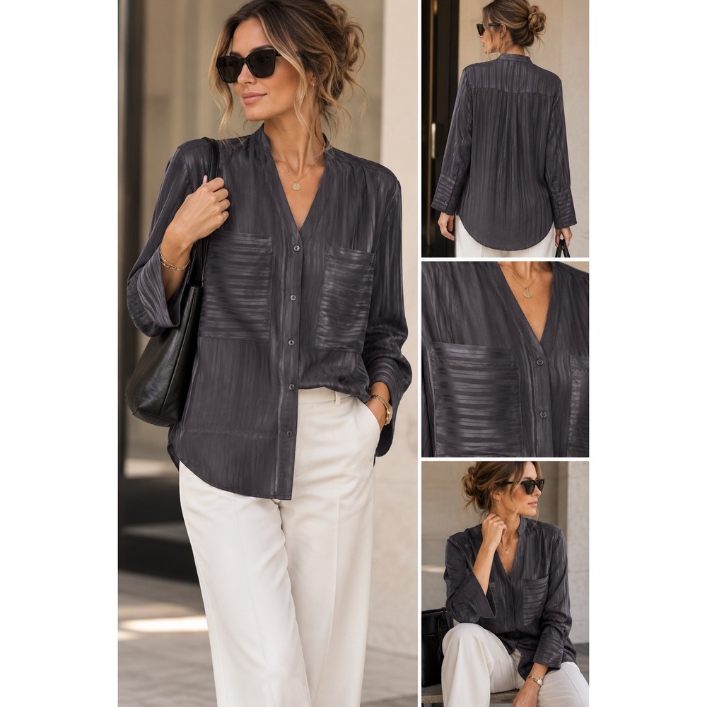 Wilfred Aritzia Sz S Charcoal Silk Blend Striped Blouse Quiet Luxury